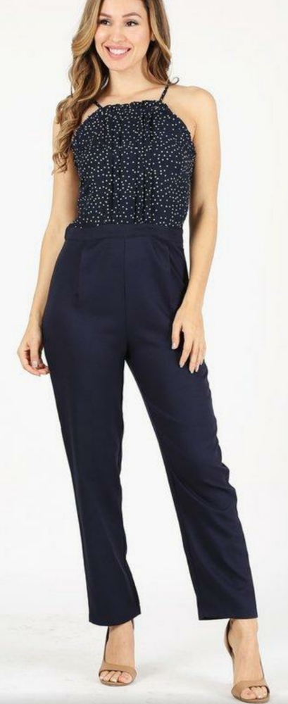 Navy Bodycon Jumpsuit With Polka Dot Bodice